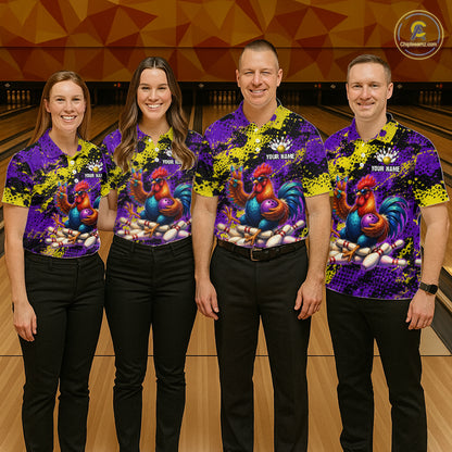 Purple & Yellow Chicken Bowling Shirt for Women Custom Bowling Jersey Rooster Polo & 1/4-Zip QZT1034