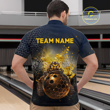 Load image into Gallery viewer, Man wearing custom black &amp; gold funny bee bowling 1/4 zip shirt, back view mockup with team name design.