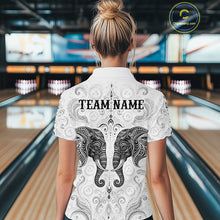 Load image into Gallery viewer, Woman wearing custom black &amp; white tribal elephant bowling polo shirt, back view mockup, personalized bowling league jersey.