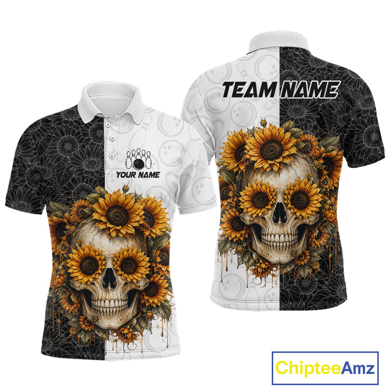 Polo shirt with skull and sunflower design on a black and white background