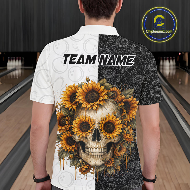 Person wearing a shirt with a skull and sunflower design on a bowling alley.