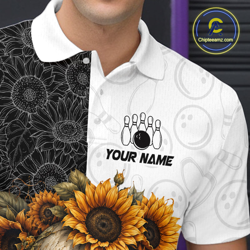 Polo shirt with black and white design and sunflower pattern, brand logo visible.