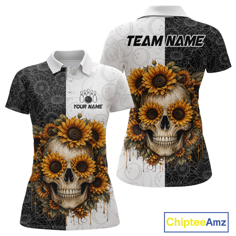 Polo shirt with skull and sunflower design on a white background, featuring customizable text.