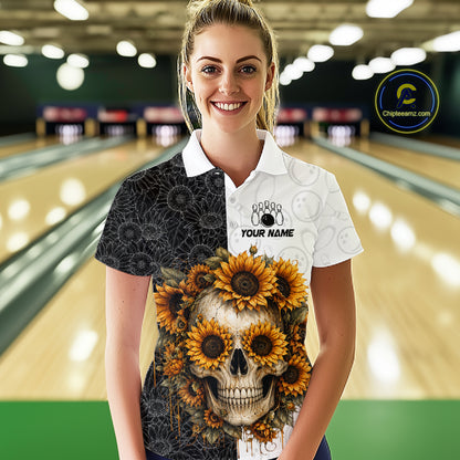 Person wearing a custom shirt with a skull and sunflower design in a bowling alley.