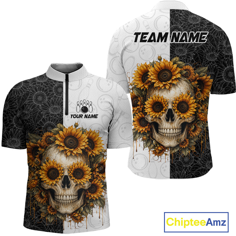 Two shirts with skull and sunflower design on a white background, featuring 'Team Name' and 'Your Name' text.