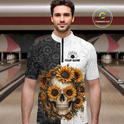 Man wearing a quarter-zip jersey with a skull and sunflower design in a bowling alley.