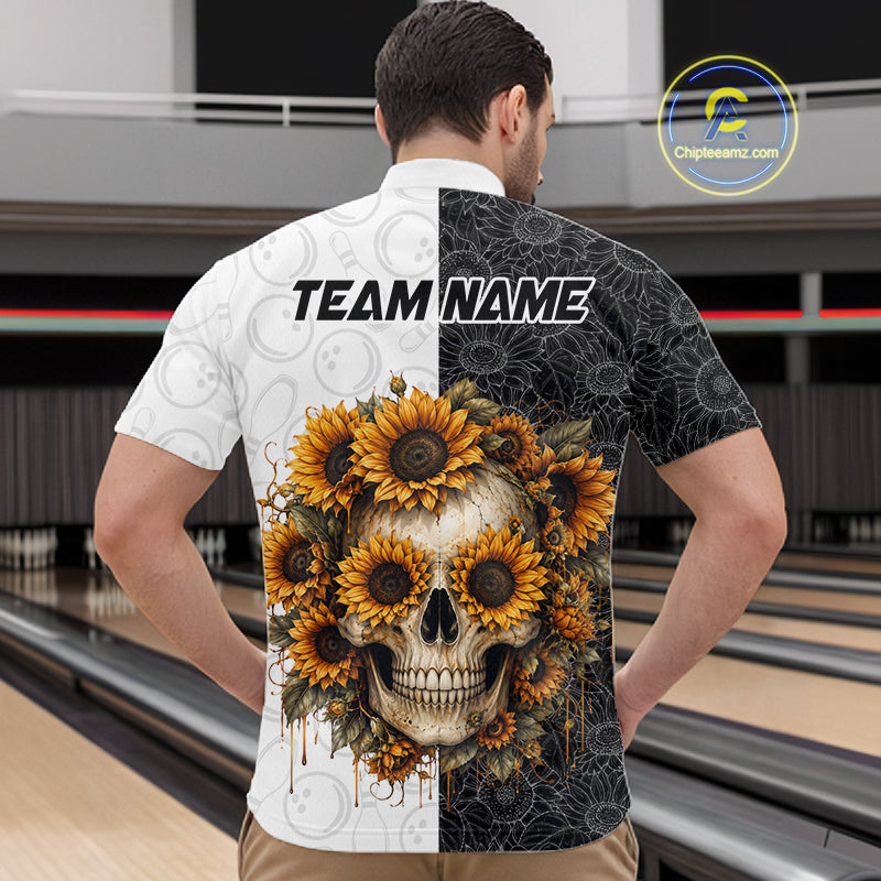 Person wearing a shirt with a skull and sunflower design on a bowling alley.