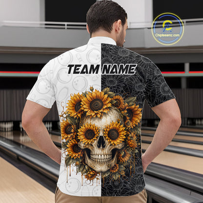 Person wearing a shirt with a skull and sunflower design on a bowling alley.