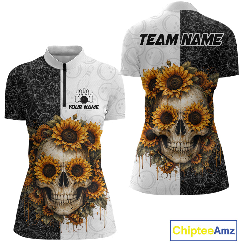 T-shirt with skull and sunflower design on a white background, featuring customizable text areas.