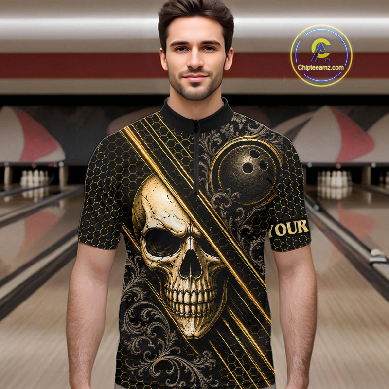 Man wearing custom black and gold skull crown bowling 1/4 zip shirt, front view mockup, personalized bowling league jersey.
