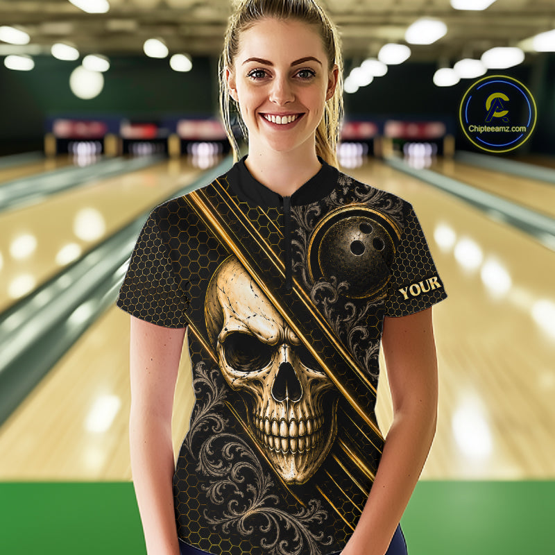 Woman wearing custom black and gold skull crown bowling 1/4 zip shirt, front view mockup, personalized bowling league jersey.