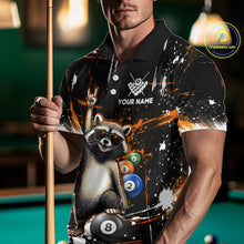 Load image into Gallery viewer, Person wearing a shirt with a raccoon design holding a pool cue in front of a pool table.