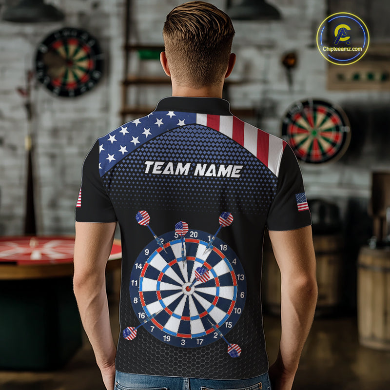 Back view of a man wearing a custom patriotic dart polo with personalized team name and an American flag dartboard graphic in a professional dart room.