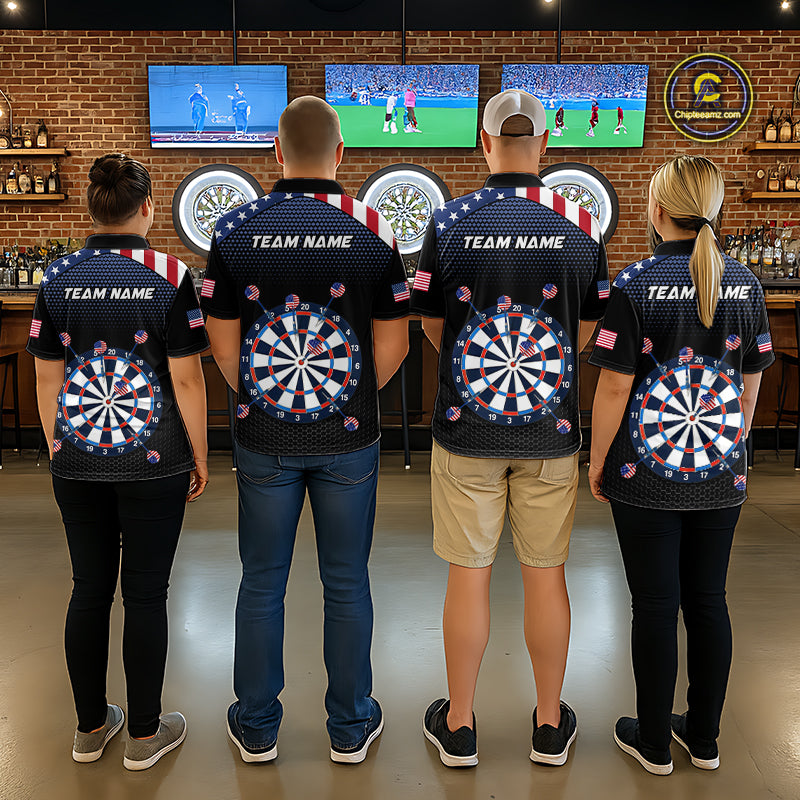 Back view of four people wearing matching custom patriotic dart polo shirts with personalized team names and American flag dartboard graphics in a professional dart room.