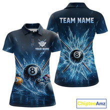 Load image into Gallery viewer, Front and back view of women’s custom ice billiard polo shirt, featuring 8 ball Frozen Pool design, personalized billiard jersey for women