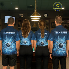 Load image into Gallery viewer, Back view of matching custom ice 8 ball billiard polo shirts worn by a team