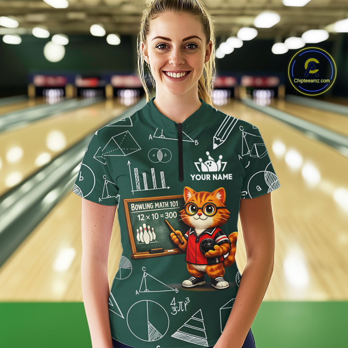 Funny Cat Bowling Math Shirt Personalized Polo & 1/4 Zip Shirt Bowling Team Jersey for Women QZT926
