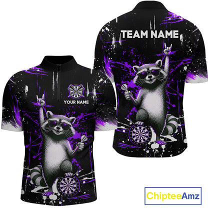 Custom Purple Funny Raccoon Dart Team Shirt for Men Dart Jersey Polo & /4-Zip Dartboard Shirt Outfit DHT29