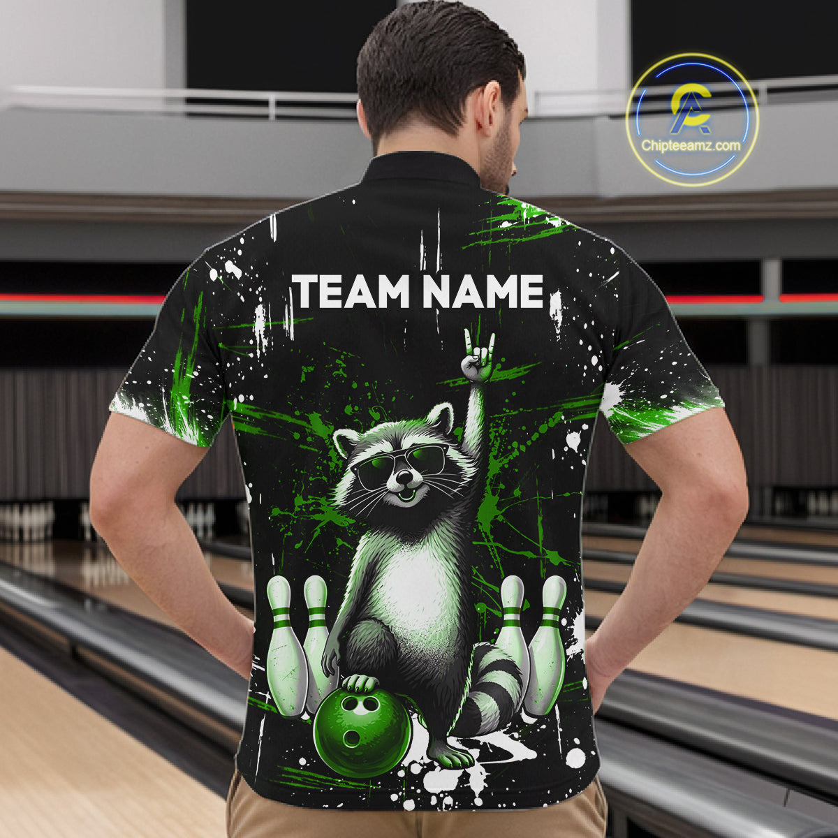 Custom Green Funny Raccoon Bowling Shirt for Men Bowling Jersey Polo & 1/4-Zip Bowling Outfit QZT892