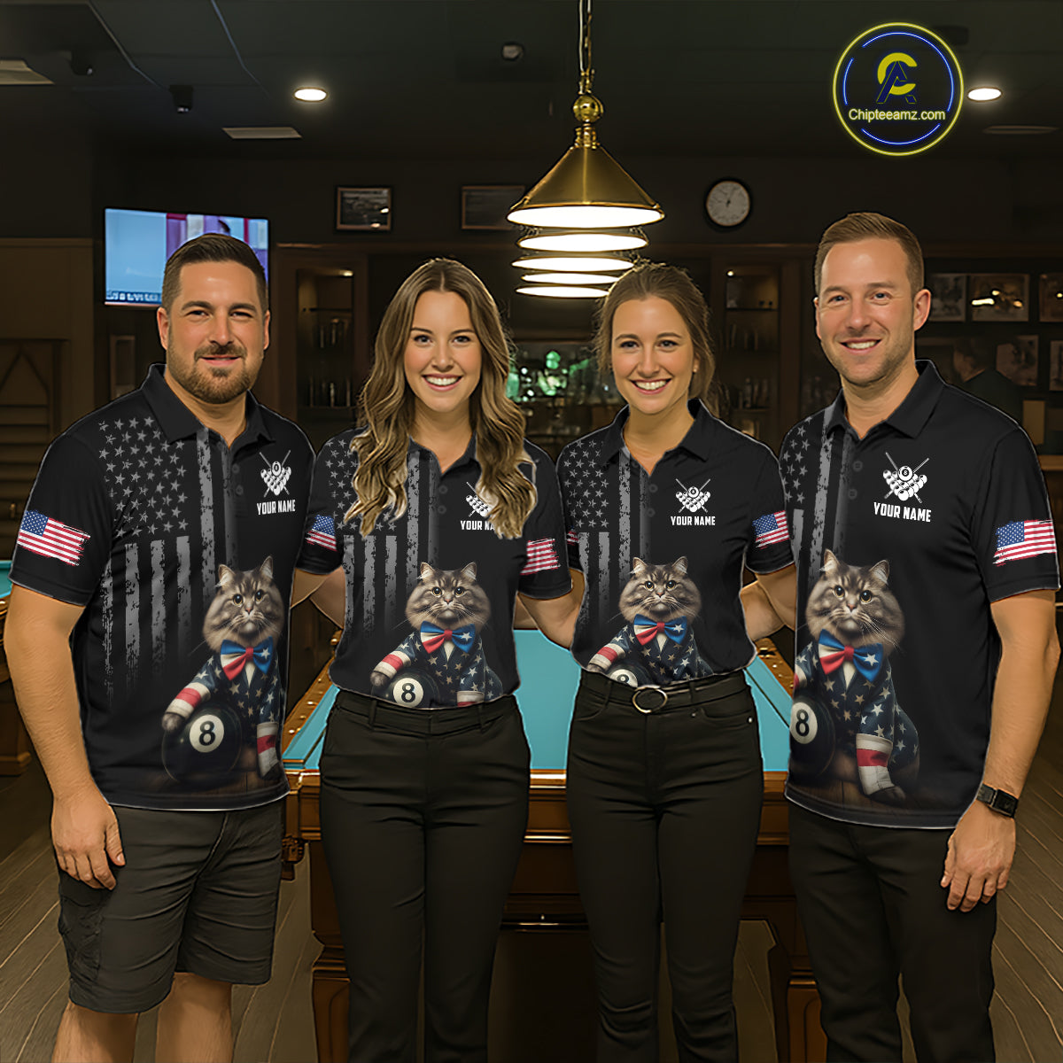 Custom American Flag Funny Cat Billiard Shirt for Men 8 Ball Pool Shirt Polo & 1/4 Zip Billiard Jersey BHT20