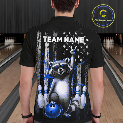 Person wearing a black shirt with a raccoon graphic and 'TEAM NAME' text in a bowling alley.