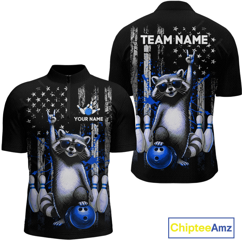 Two views of quarter-zip jersey with raccoon design and customizable text on a white background