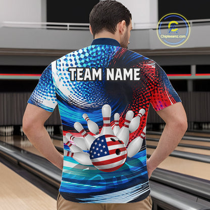 A man viewed from behind wearing a custom bowling shirt with a patriotic red, white, and blue design featuring bowling pins and a bowling ball with an American flag pattern. The shirt has 'TEAM NAME' printed on the back.
