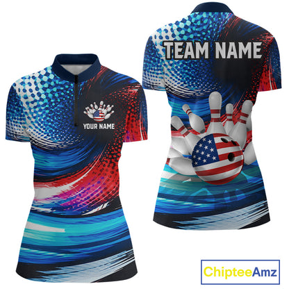 Custom bowling-themed short-sleeve quarter-zip shirt shown from the front and back on a white background. The shirt features a patriotic American flag design with blue, red, and white abstract patterns, bowling pins, and a bowling ball decorated with the US flag.