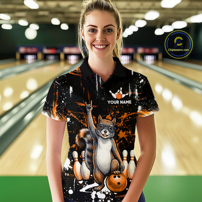 Custom Orange Funny Squirrel Bowling Shirt for Women Bowling Team League Polo & Quarter-Zip QZT982
