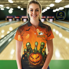 Load image into Gallery viewer, Person wearing a Halloween-themed orange shirt with graphics in a bowling alley.