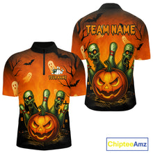 Load image into Gallery viewer, Halloween-themed shirt with pumpkins, ghosts, and bats on an orange background.
