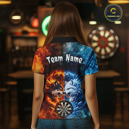 Back view of a woman wearing a custom fire and ice wolf dart polo with personalized team name and a fierce wolf, flaming dartboard, and blue icy flames in a professional dart room.