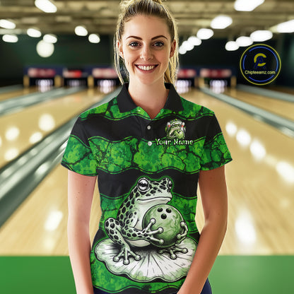 A woman wearing a green and black striped polo shirt with a frog and bowling ball graphic, standing in a bowling alley. The shirt has 'Your Name' printed on the chest and a circular 'Chileteamz.