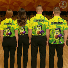 Load image into Gallery viewer, Four people wearing matching green bowling shirts with a team name on a bowling alley.