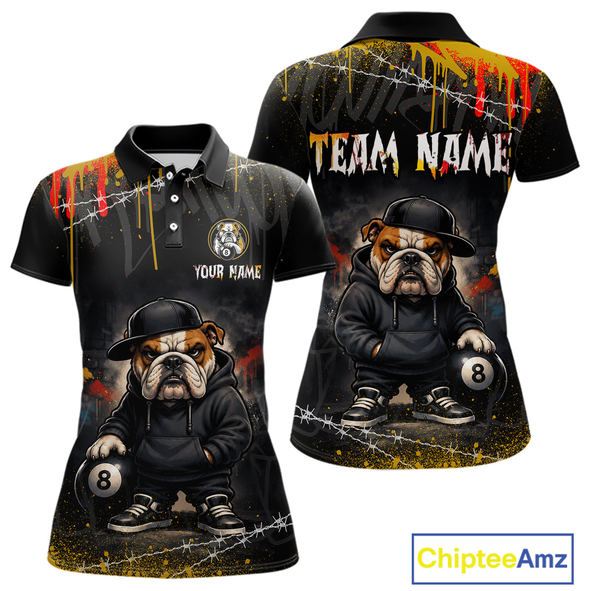 Front and back views of a black short-sleeve polo shirt featuring a printed red and yellow splash design with a hip hop bulldog holding a pool ball, plus customizable text areas on the chest and back.