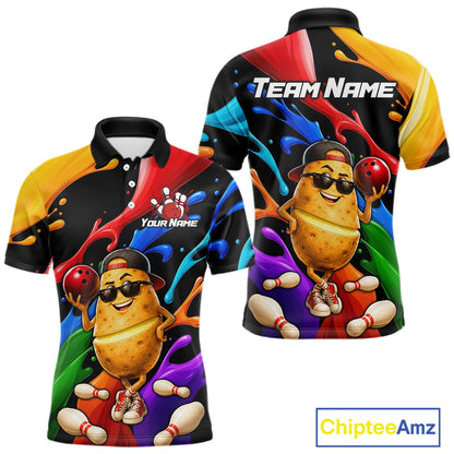 Colorful polo shirt with cartoon potato design and customizable text on a white background