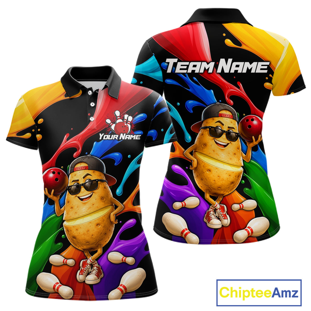 Colorful polo shirt with cartoon potato design and 'Team Name' text on a white background