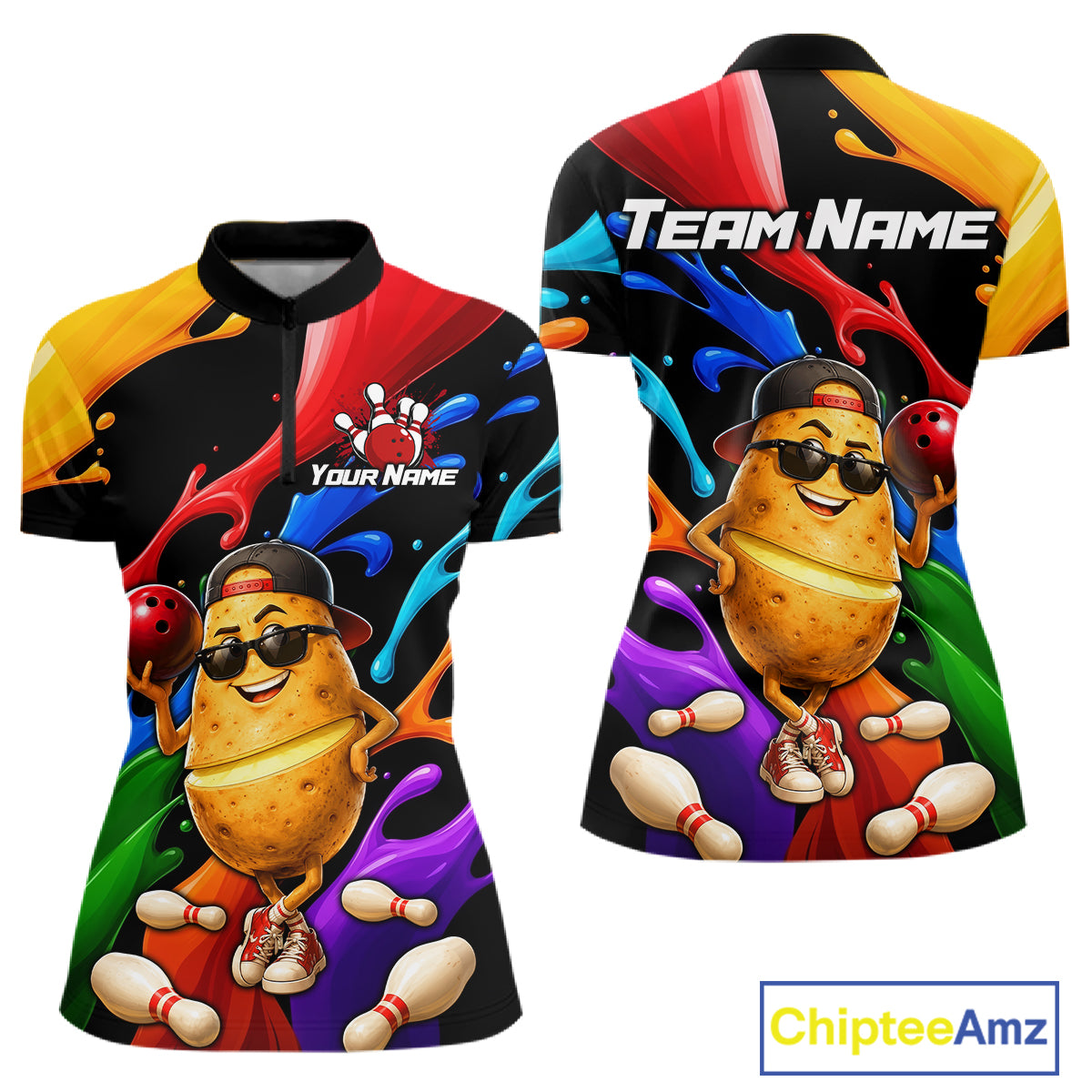 Colorful sports jersey with a cartoon potato character and customizable text on a white background.