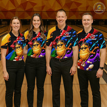 Load image into Gallery viewer, Four people wearing colorful bowling shirts with a cartoon character on a bowling alley.