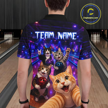 Load image into Gallery viewer, Person wearing a colorful bowling shirt with cartoon cats and 'Team Name' text in a bowling alley.