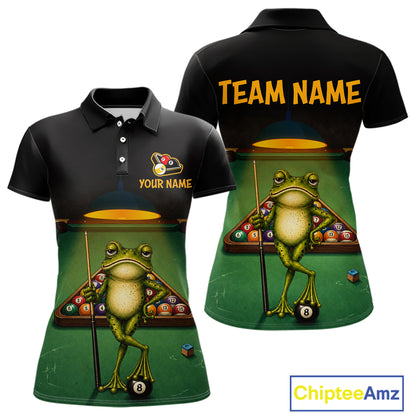 Customizable black polo shirt shown from the front and back, featuring a green pool table and frog graphic, with placeholder text 'TEAM NAME' and 'YOUR NAME'.