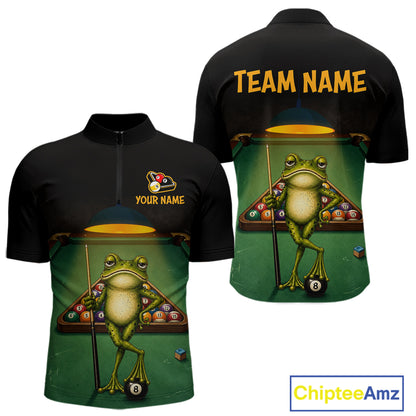 Two views of a black short-sleeve quarter-zip shirt with a custom pool-themed graphic. The front view shows a green pool table design with a cartoon frog holding a billiard cue and an 8-ball, plus a customizable name patch.