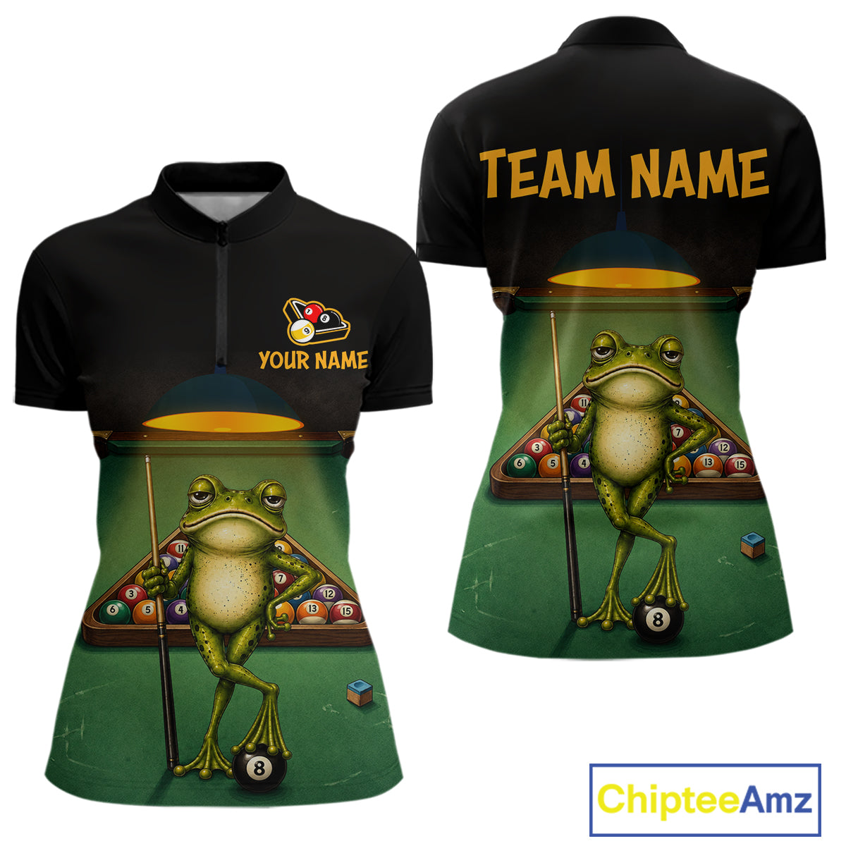 Custom short-sleeve quarter-zip shirt shown from the front and back, featuring a green frog pool player graphic on a black upper body, with customizable text areas reading 'YOUR NAME' and 'TEAM NAME'.