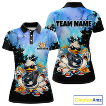 Load image into Gallery viewer, Colorful polo shirt with cartoon duck design and customizable text on a white background
