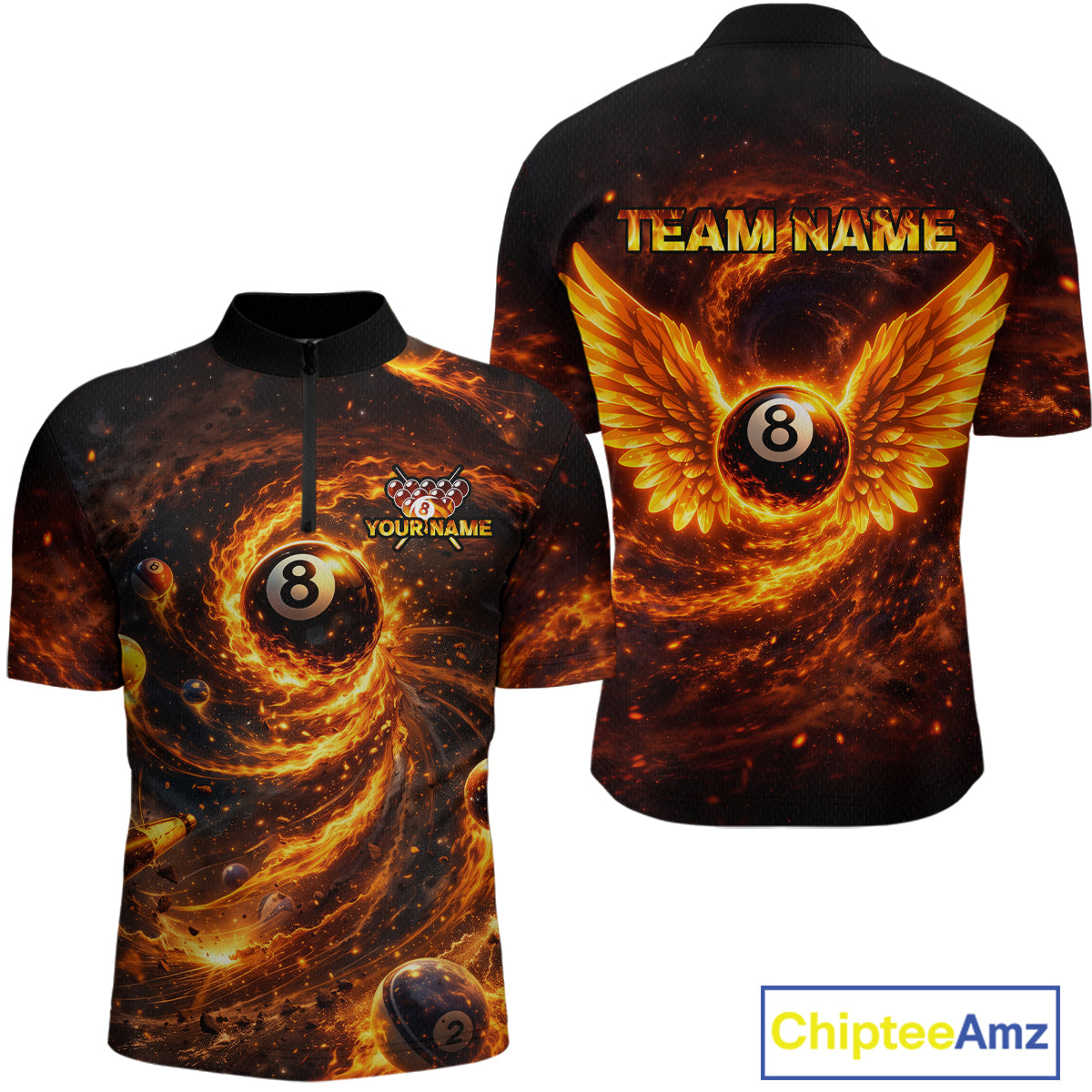 Orange Flame Billiard Shirt for Men Custom Wings 8 Ball Billiard Jersey Polo & 1/4 Zip Billiard Outfit BHT9