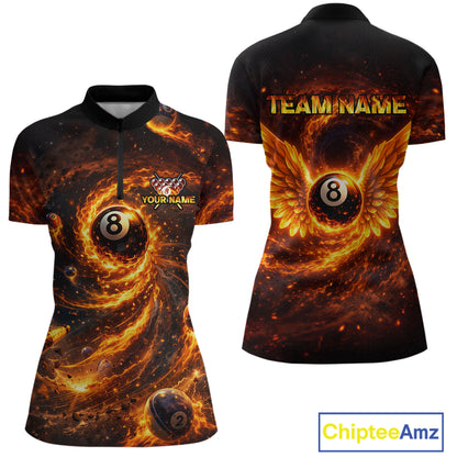 Orange Flame Billiard Shirt for Women Custom Wings 8 Ball Billiard Jersey Polo & 1/4 Zip Billiard Outfit BHT9