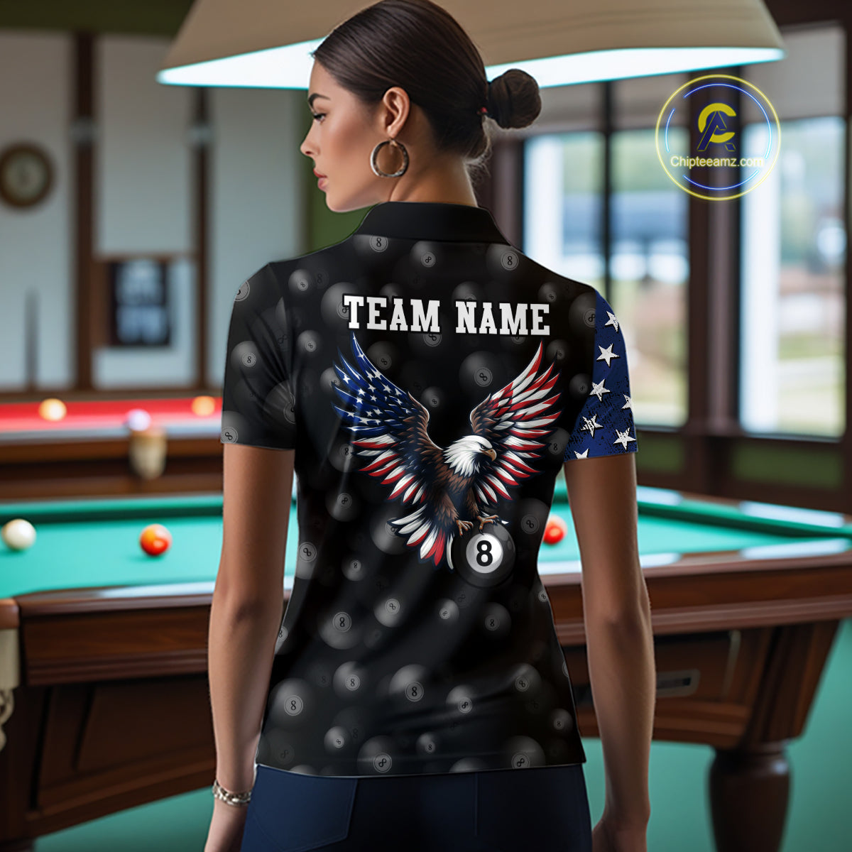 Custom American Flag Eagle Billiards Shirt for Women 8 Ball Pool Team Jersey Billiard Outfit BHT99
