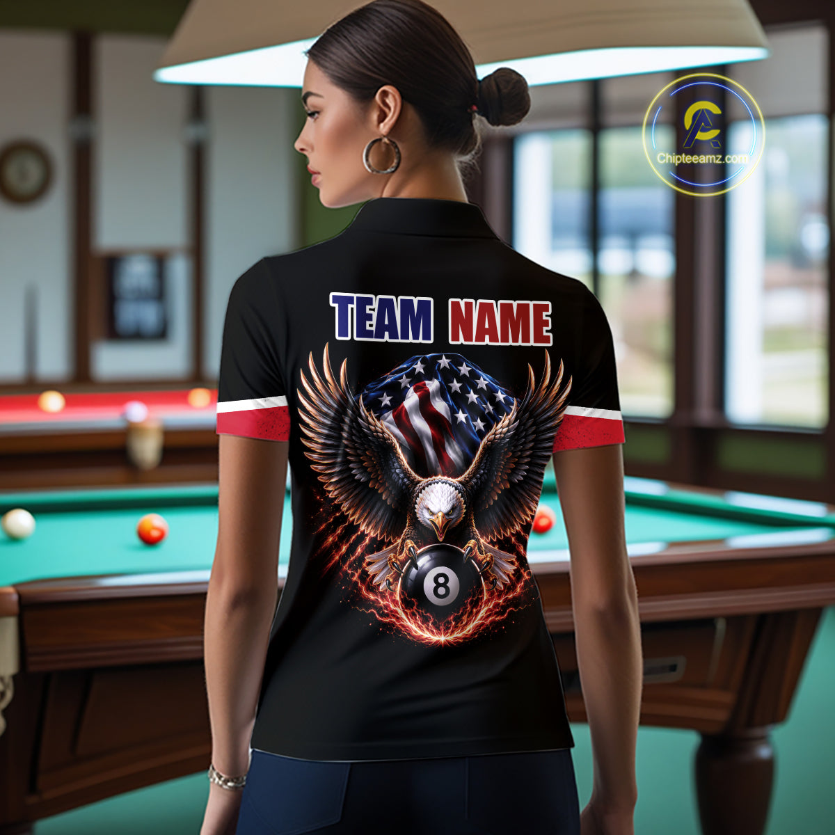 Custom American Flag Black Eagle Billiards Shirt for Women 8 Ball Pool Team Jersey Billiard Gift BHT100