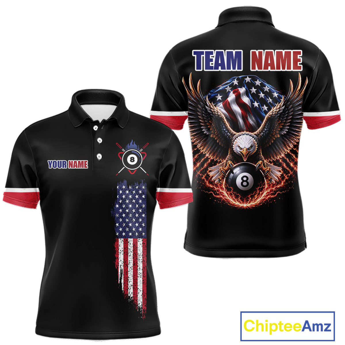 Custom American Flag Black Eagle Billiards Shirt for Men 8 Ball Pool Team Jersey Billiard Gift BHT100