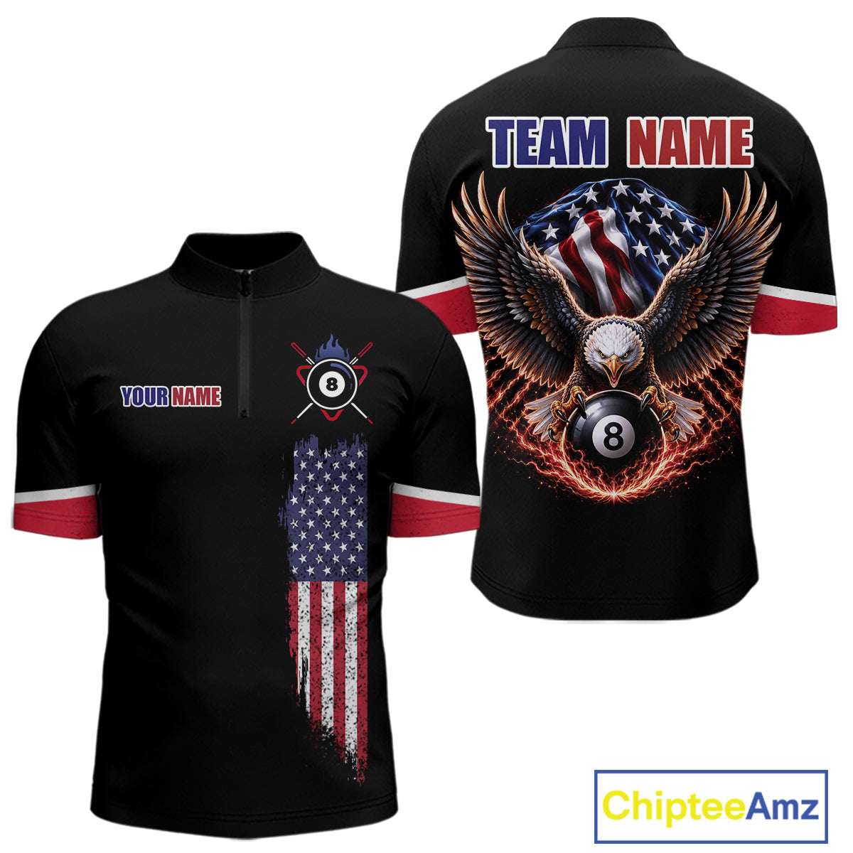 Custom American Flag Black Eagle Billiards Shirt for Men 8 Ball Pool Team Jersey Billiard Gift BHT100